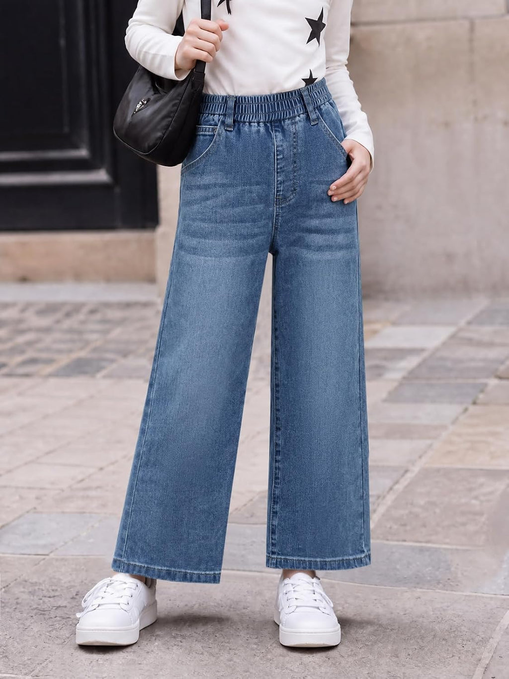 Haloumoning Girls Baggy Wide Leg Jeans High Elastic Waist Denim Pants