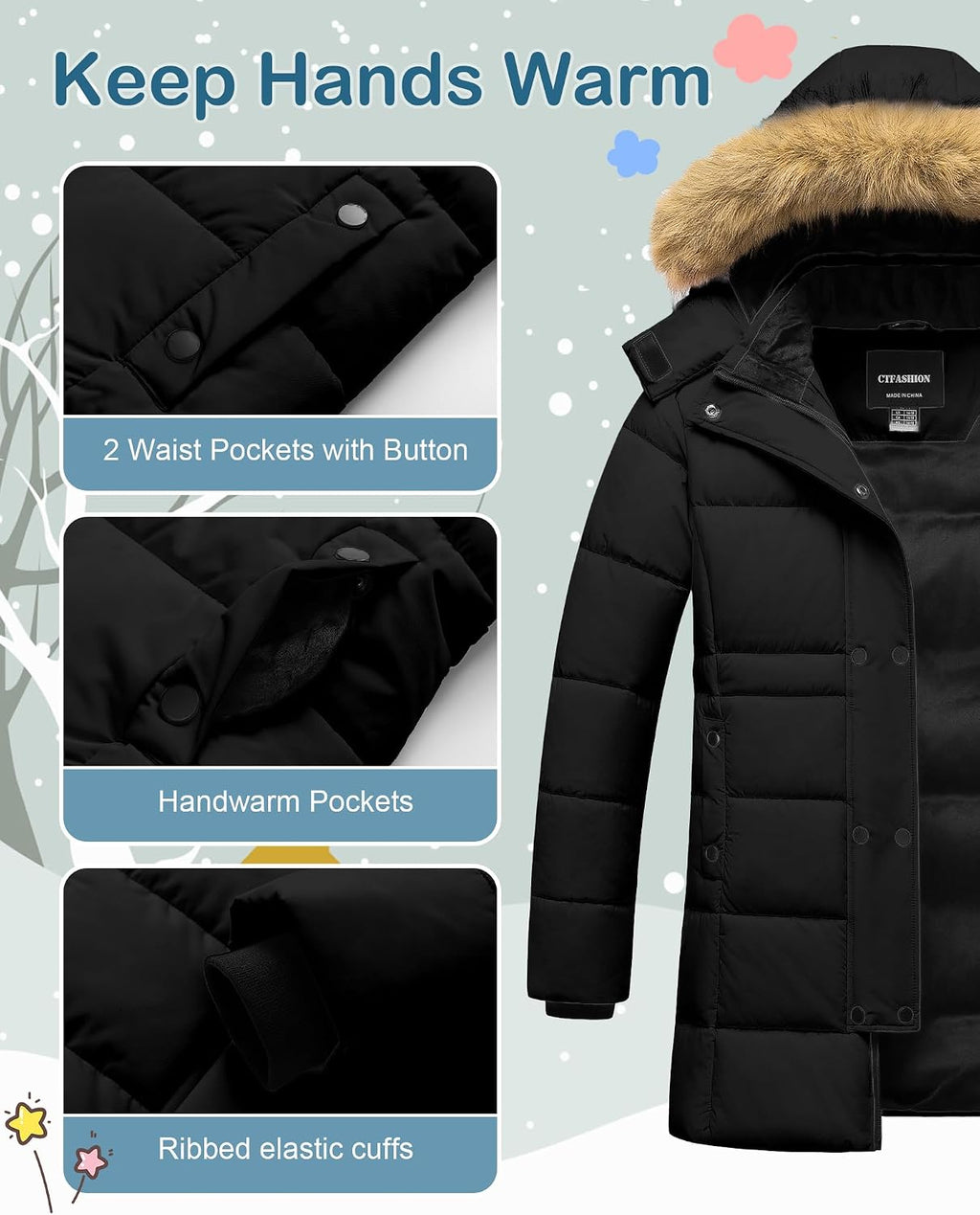 Girl's Puffer Jacket Kids Long Winter Coats Heavyweight Parka Warm Fleece Snow Outerwear with Removable Fur Hood