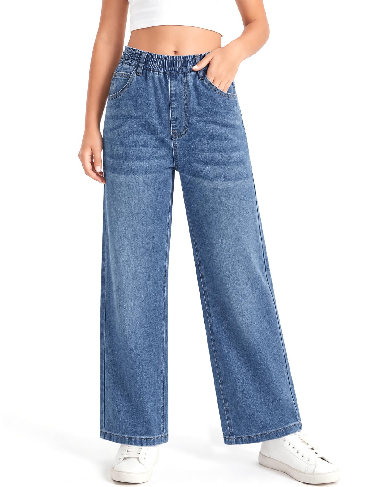 Haloumoning Girls Baggy Wide Leg Jeans High Elastic Waist Denim Pants