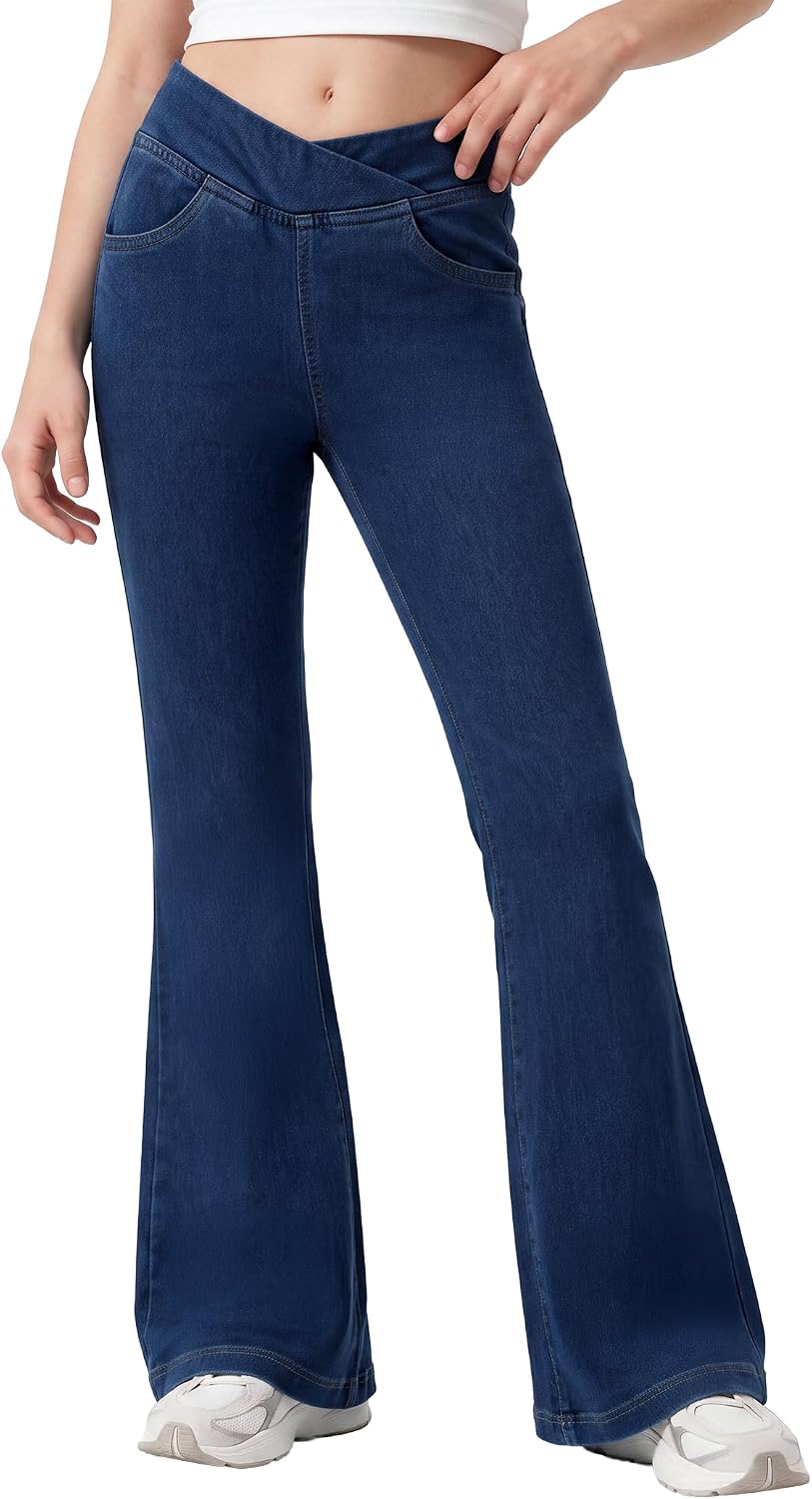 Girls Flare Jeans 4 Way Stretch Yoga Denim Bell Bottoms High Rise Crossover