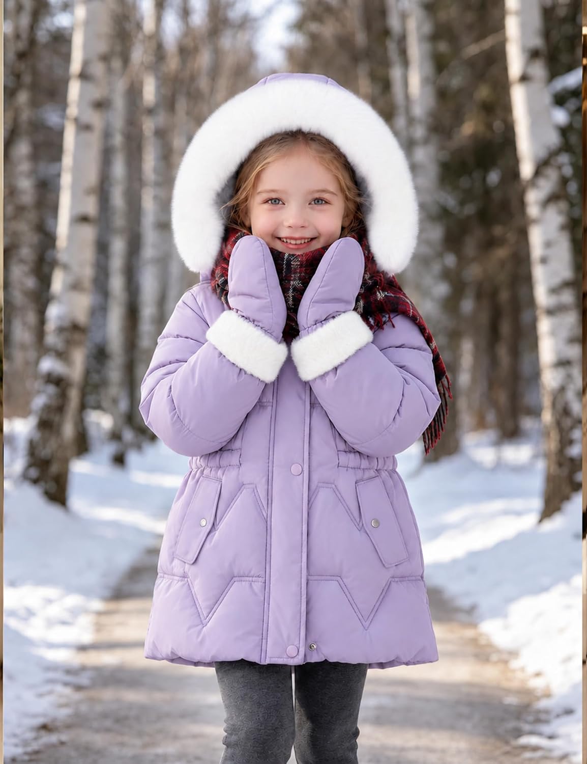 Girls Winter Coat, Faux Fur Hooded Puffer Parka, Waterproof Warm Outerwear