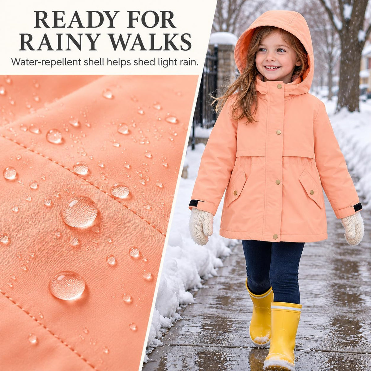 JiAmy Girls Fleece Lined Hooded Jacket Adjustable Waist School Coat 4-14Y