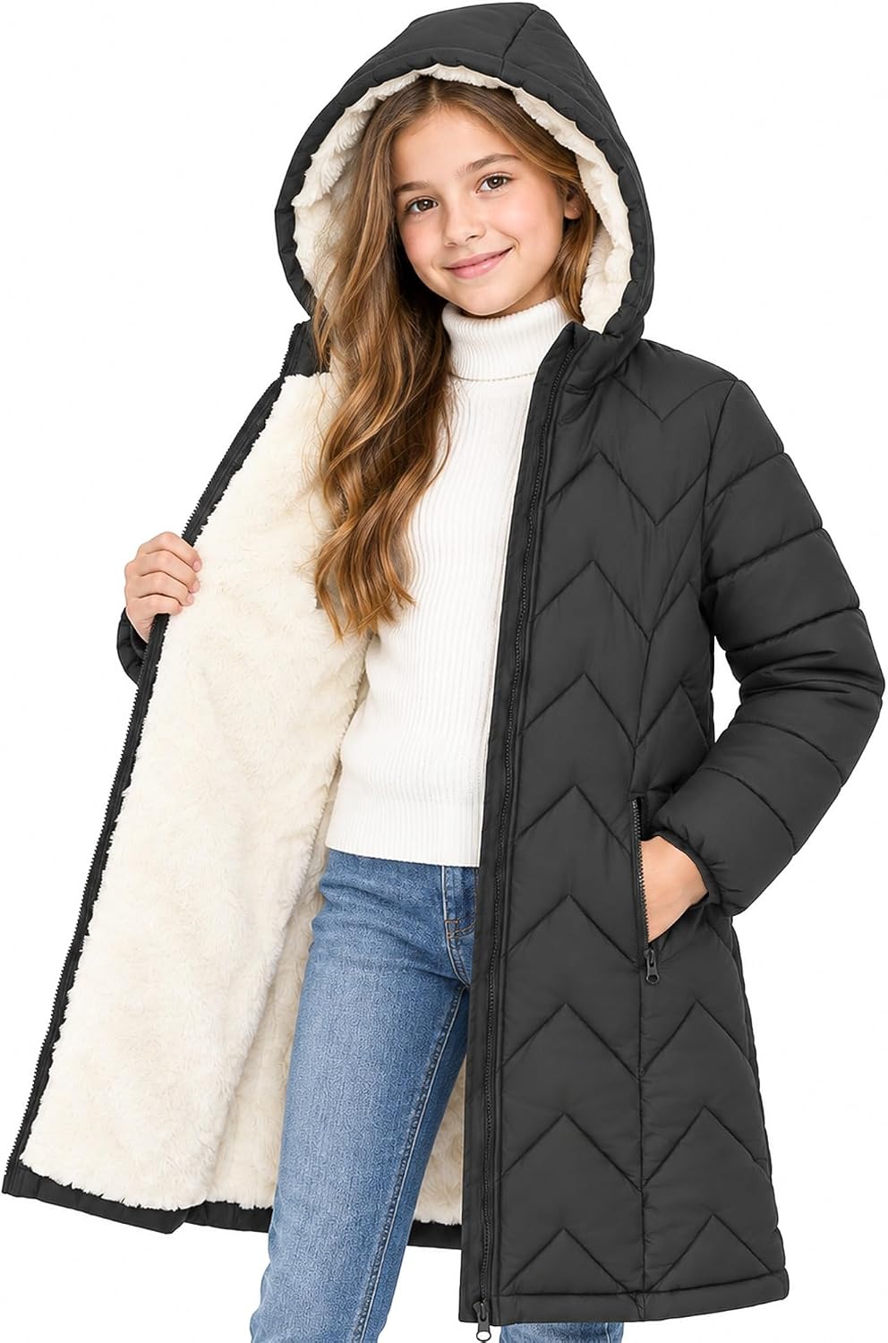 Funnycokid Girls' Winter Coat Sharpa Lined Hooded Long Down Puffer Jacket