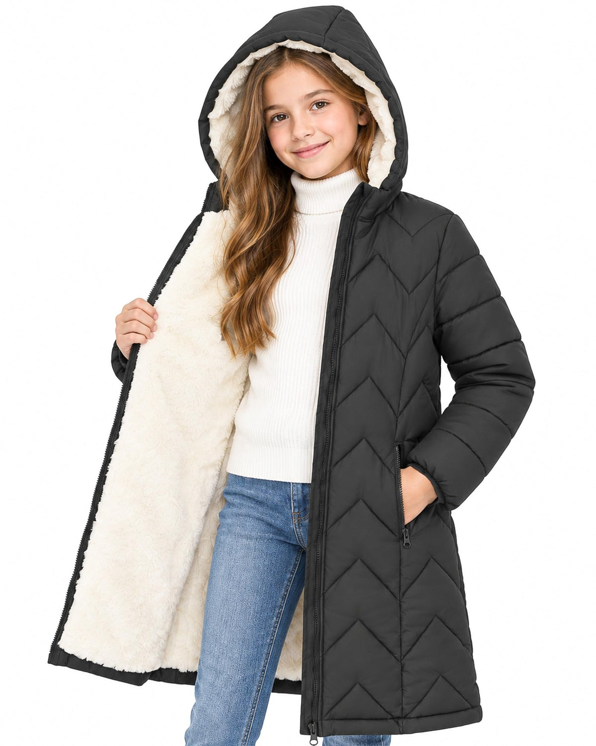 Funnycokid Girls' Winter Coat Sharpa Lined Hooded Long Down Puffer Jacket