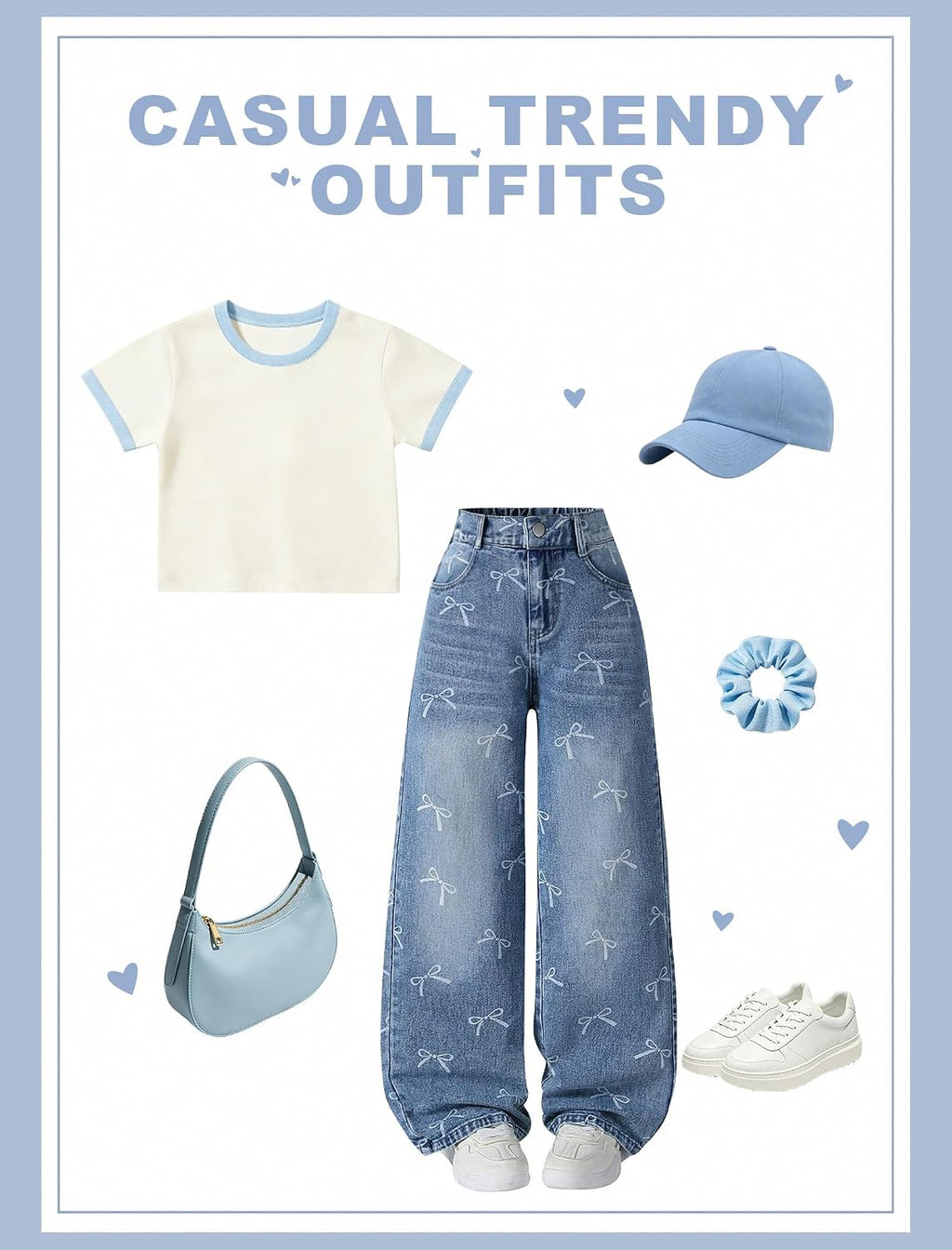 Baggy Jeans for Girls with Bow Wide Leg High Waist Denim Pants