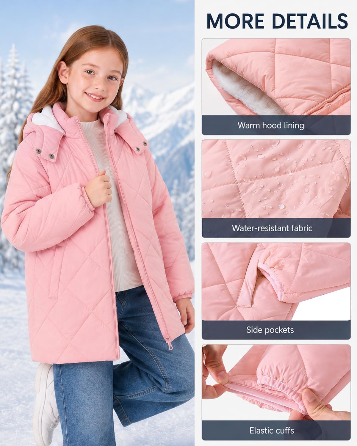 Funnycokid Girls Winter Coat Fleece Lined Hooded Puffer Jacket Warm Outwear