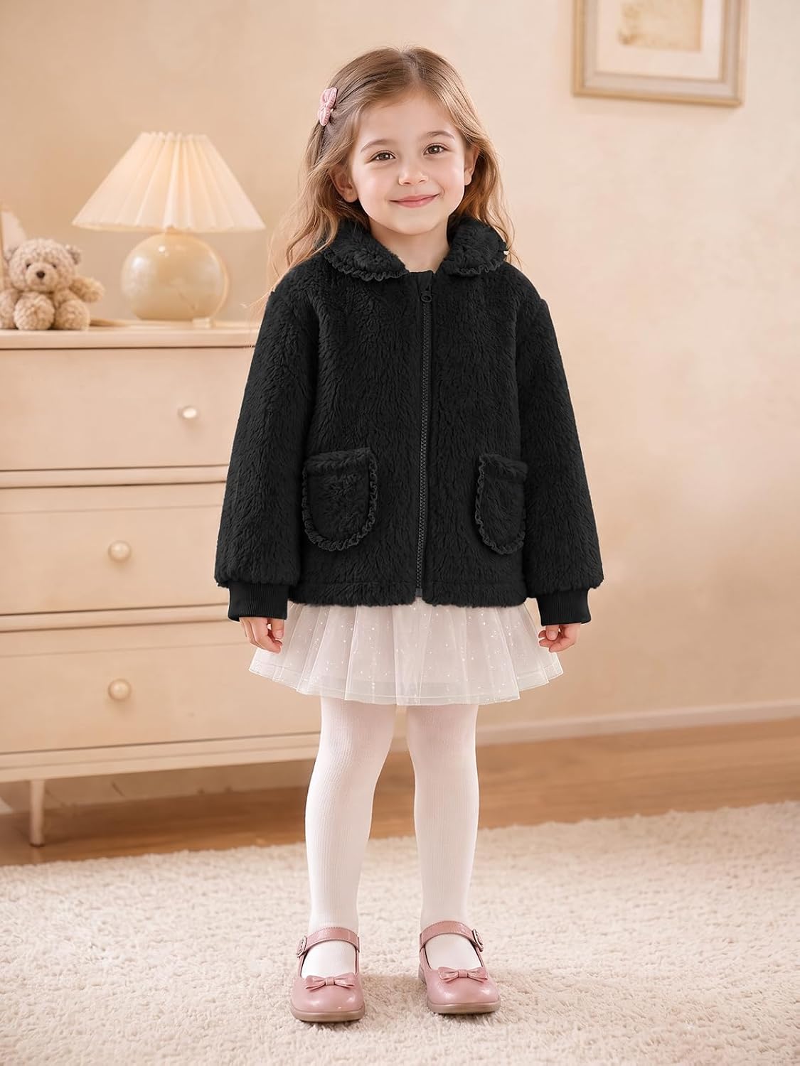 Haloumoning Toddler Baby Girl Fleece Jacket Peter Pan Collar Zip Up Coat