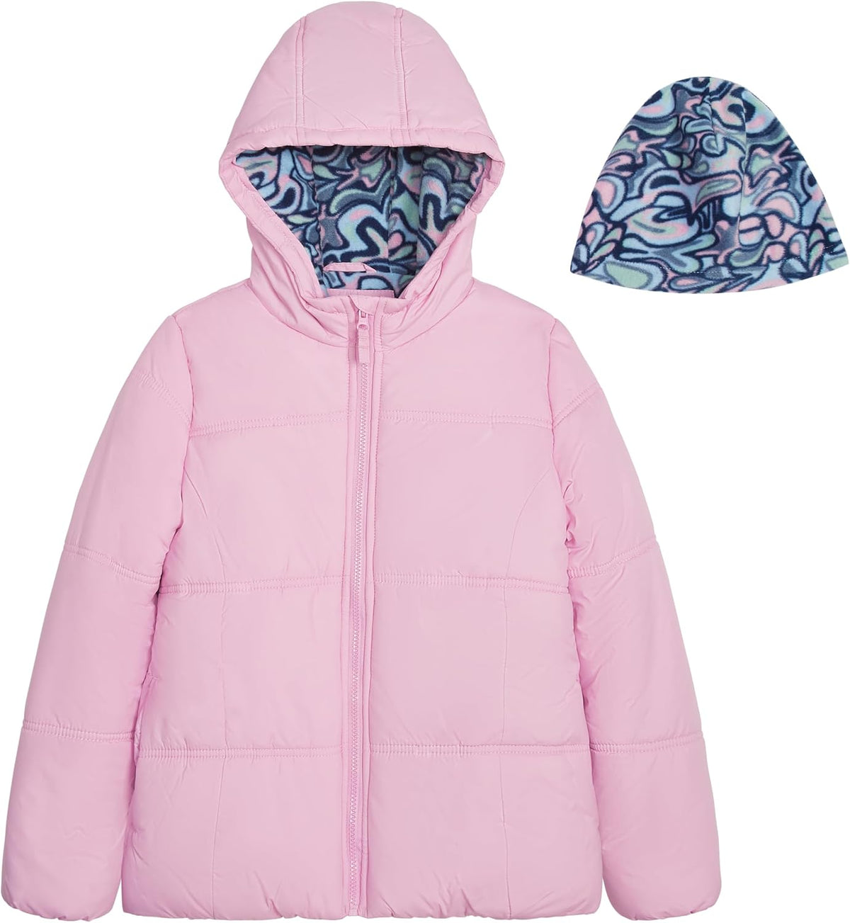 LONDON FOG Baby Girls' Heavyweight Quilted Puffer Jacket with Fleece Beanie