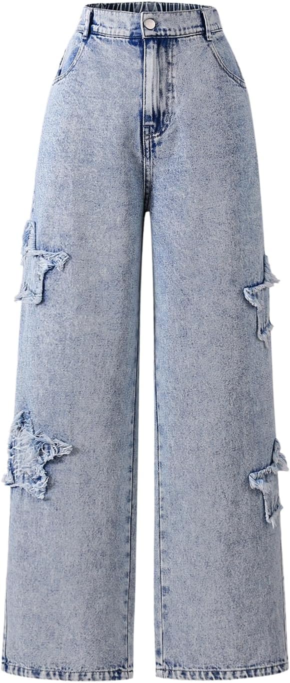 WDIRARA Girl's Bowknot Jean Elastic Waist Denim Pants Straight Leg Trousers