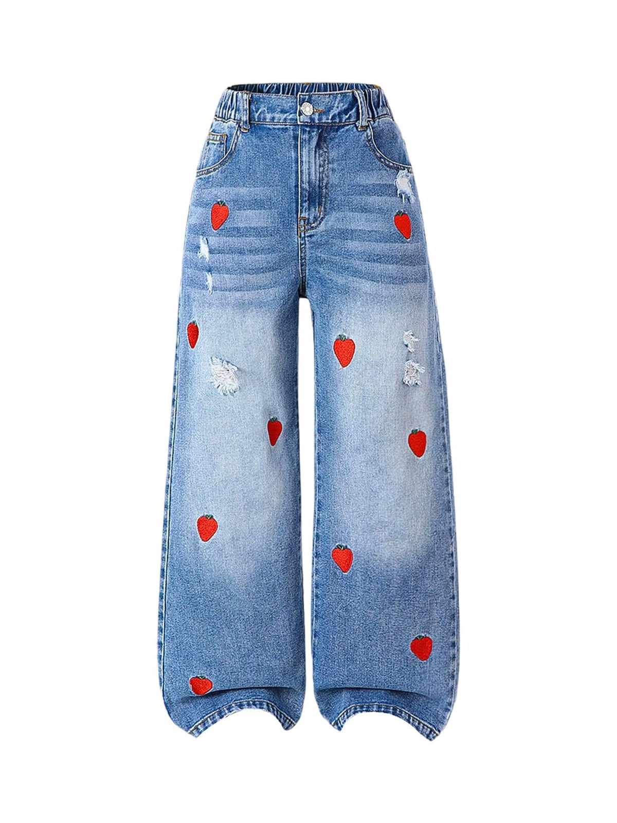 WDIRARA Girl's Heart Embroidered Jeans Elastic Wide Leg Denim Pants