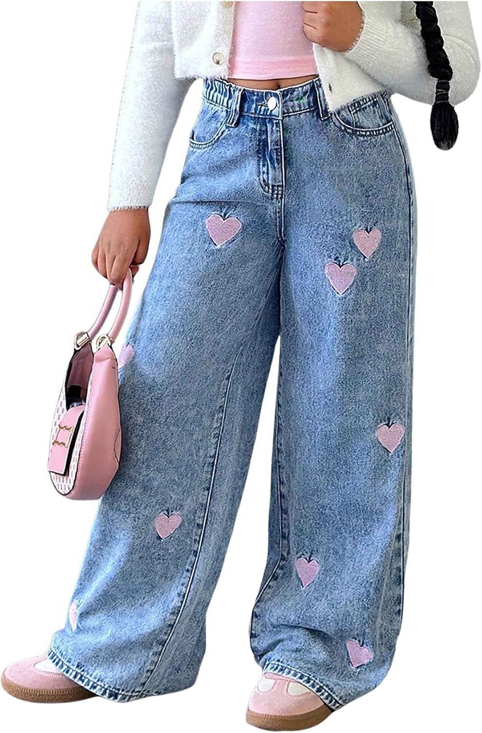 WDIRARA Girl's Heart Embroidered Jeans Elastic Wide Leg Denim Pants
