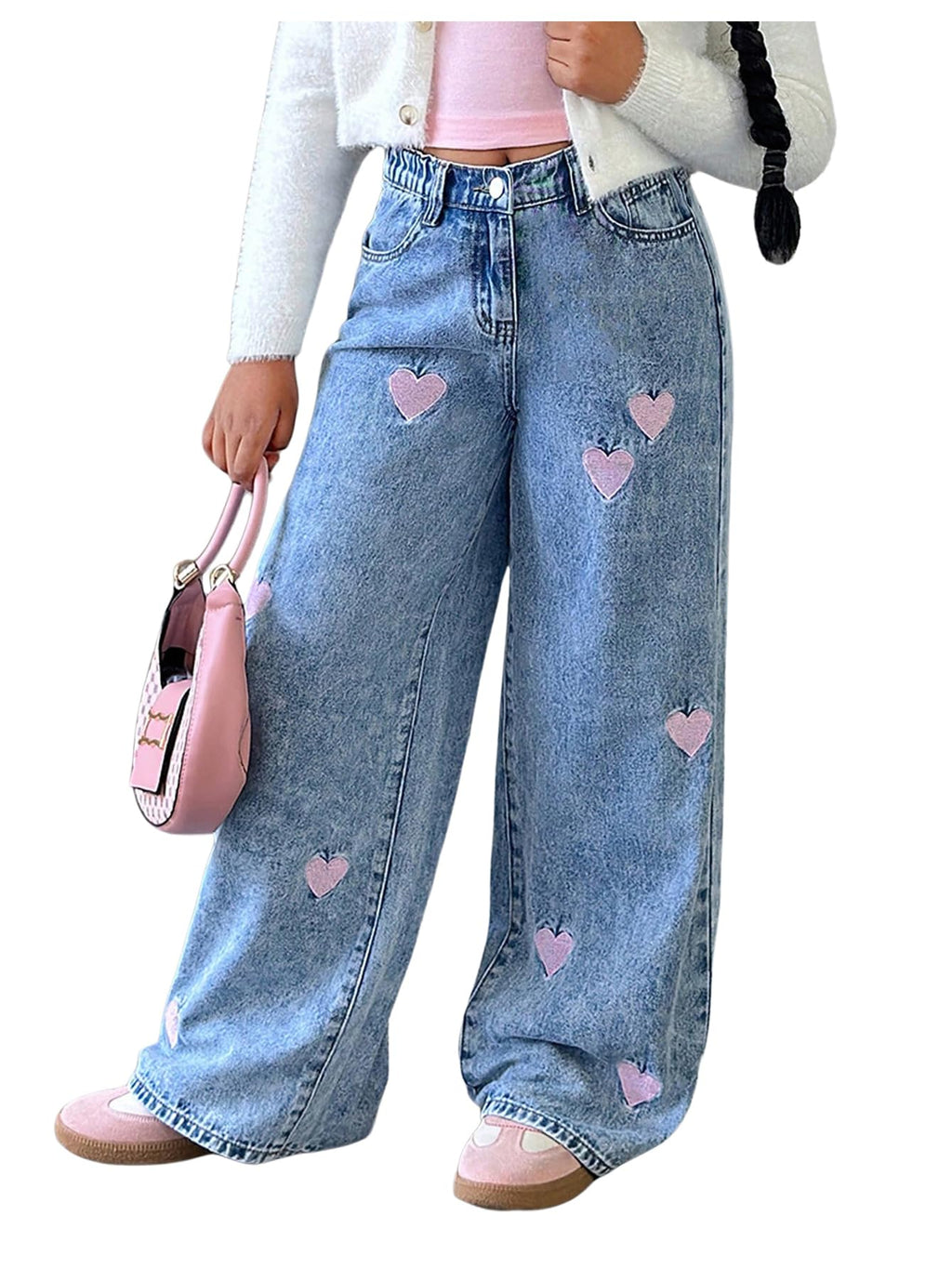 WDIRARA Girl's Heart Embroidered Jeans Elastic Wide Leg Denim Pants