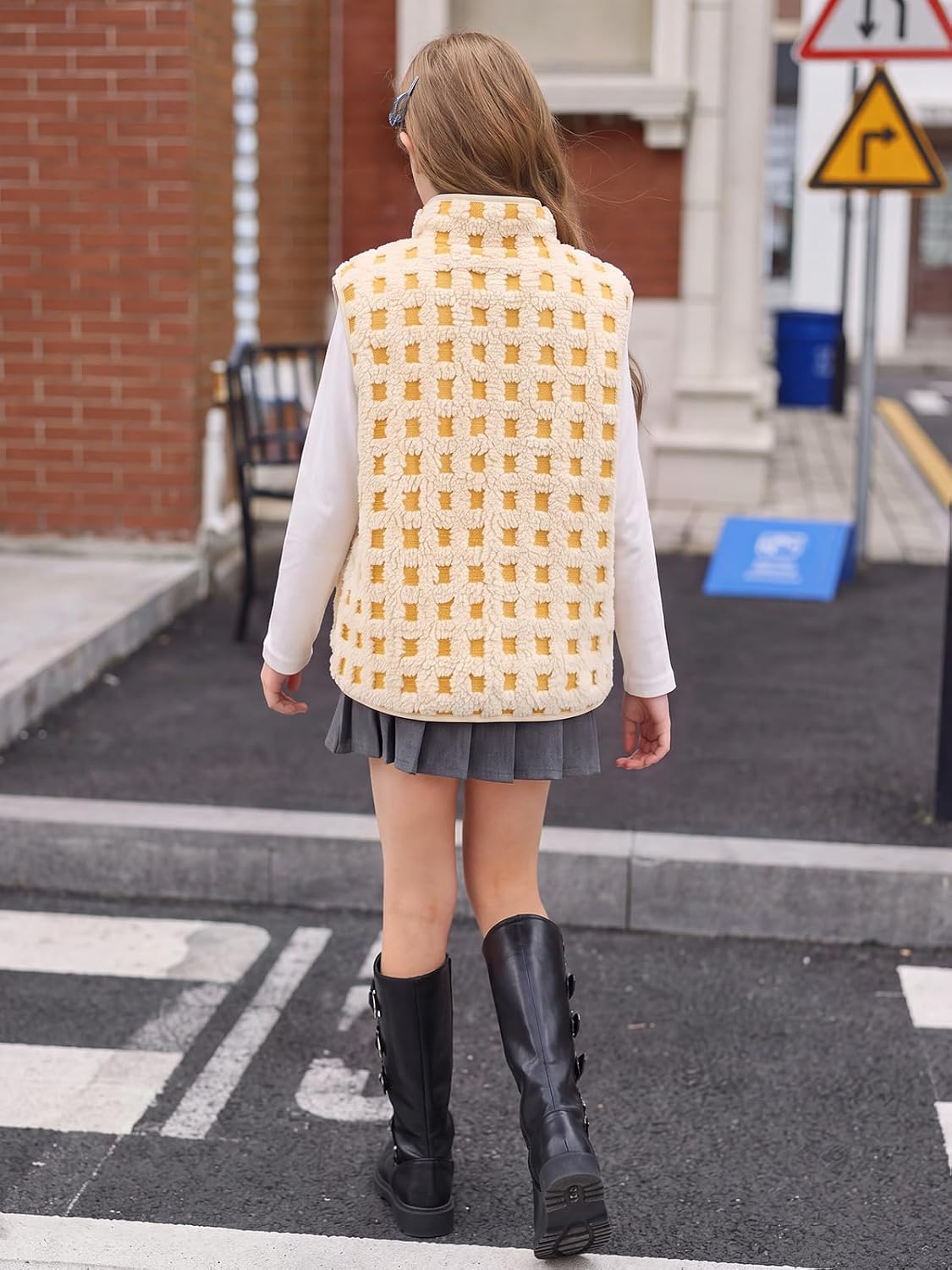 Haloumoning Girls Checkered Sherpa Vest Zip Up Sleeveless Jacket Outerwear