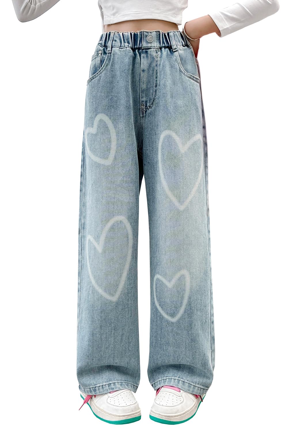 AOWKULAE Girls Baggy Jeans Wide Leg Cargo Denim Pants Kids 5-16Y
