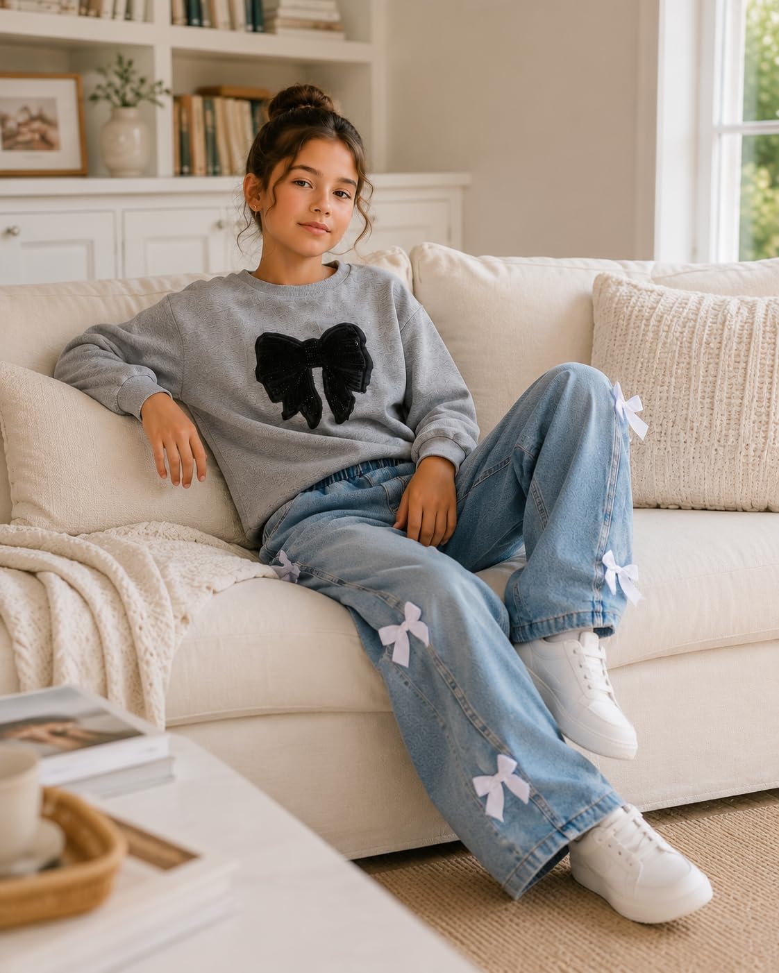 Cakaner Girls Clothes 2 Piece Fall Outfit Set Bow Long Sleeve Top and Denim Jeans Size 6-12
