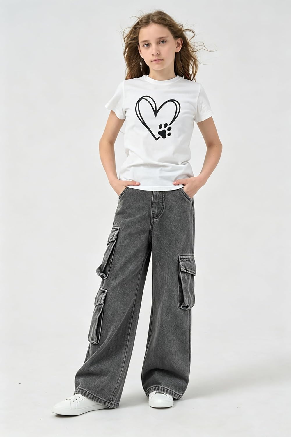 AOWKULAE Girls Baggy Jeans Wide Leg Cargo Denim Pants Kids 5-16Y