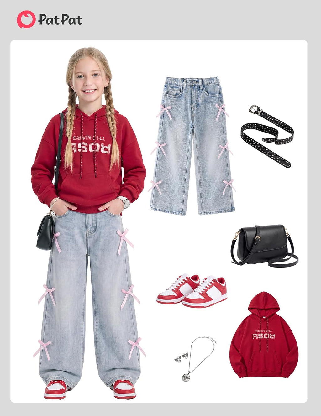 PATPAT Girls Bow Wide Leg Jeans, Cute Elastic Waist Denim Baggy Jeans 5-14Y