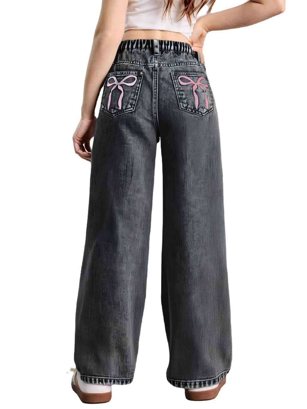 WDIRARA Girl's Bow Print Jeans Elastic High Waist Wide Leg Cute Denim Pants