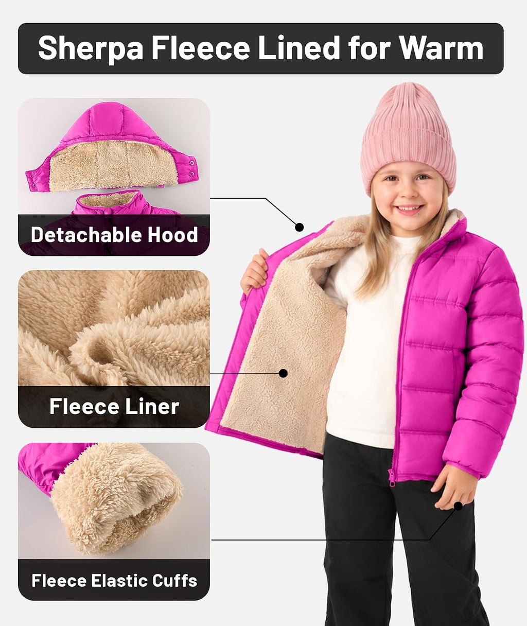 Boy'S Girls Winter Coat Puffer Jacket Sherpa Fleece with Detachable Hood