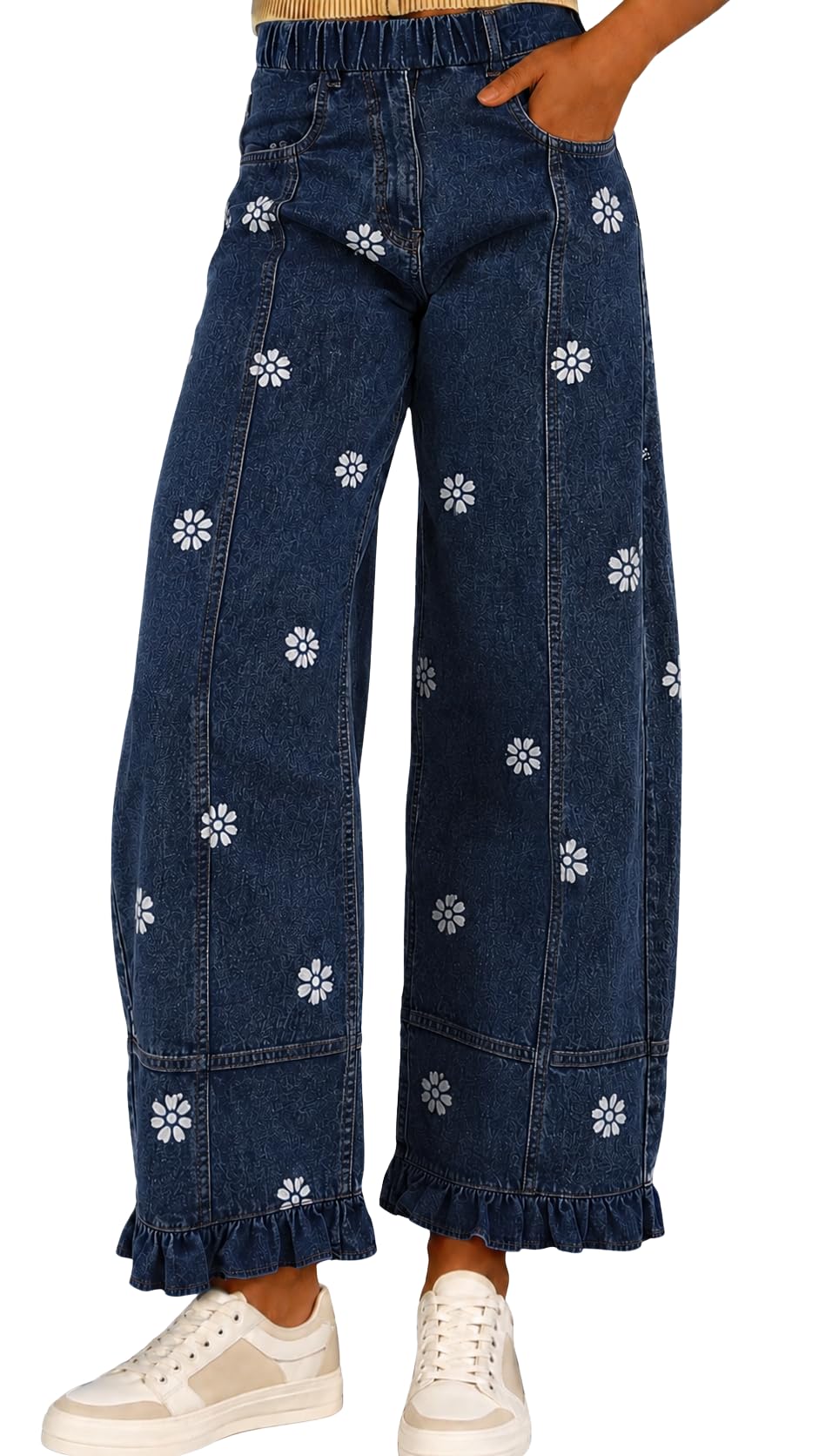 Girls Wide Leg Jeans Elastic Waist Baggy Denim Cargo Pants Size 7-14