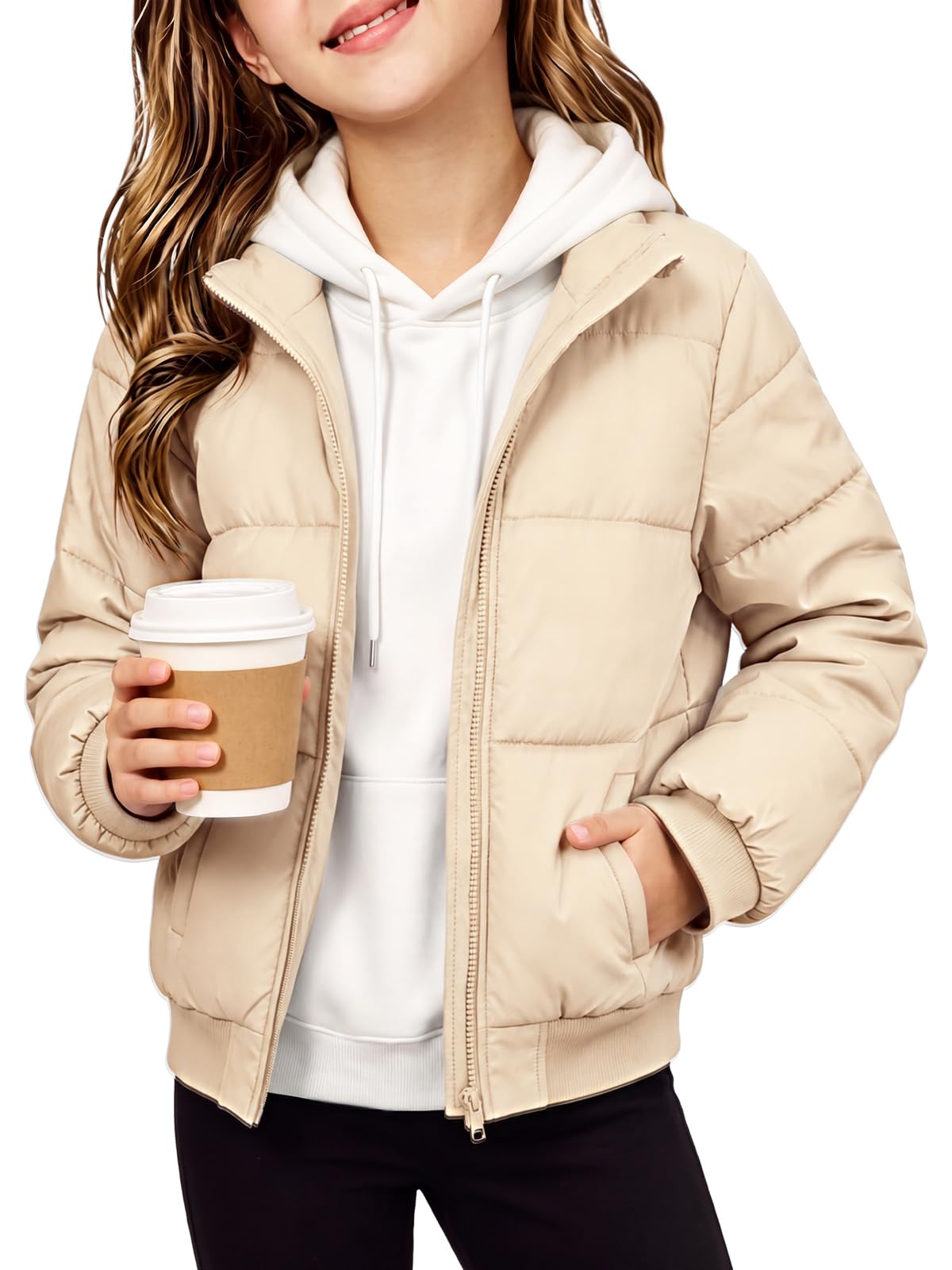 Haloumoning Girls Short Puffer Jacket Warm Stand Collar Winter Coat
