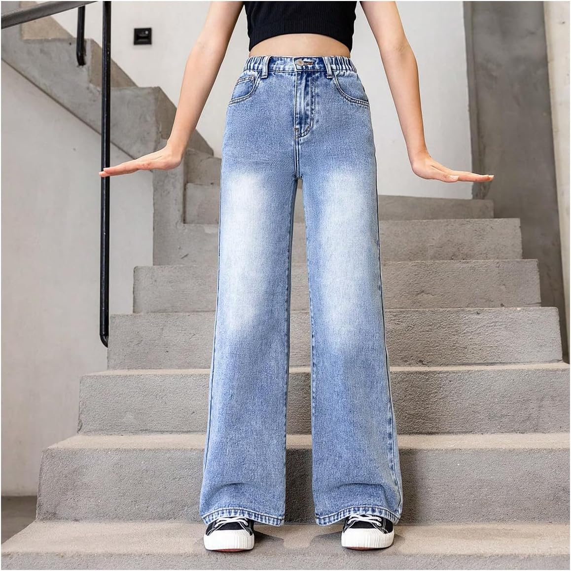 WDIRARA Girl's Bow Print Jeans Elastic High Waist Wide Leg Cute Denim Pants