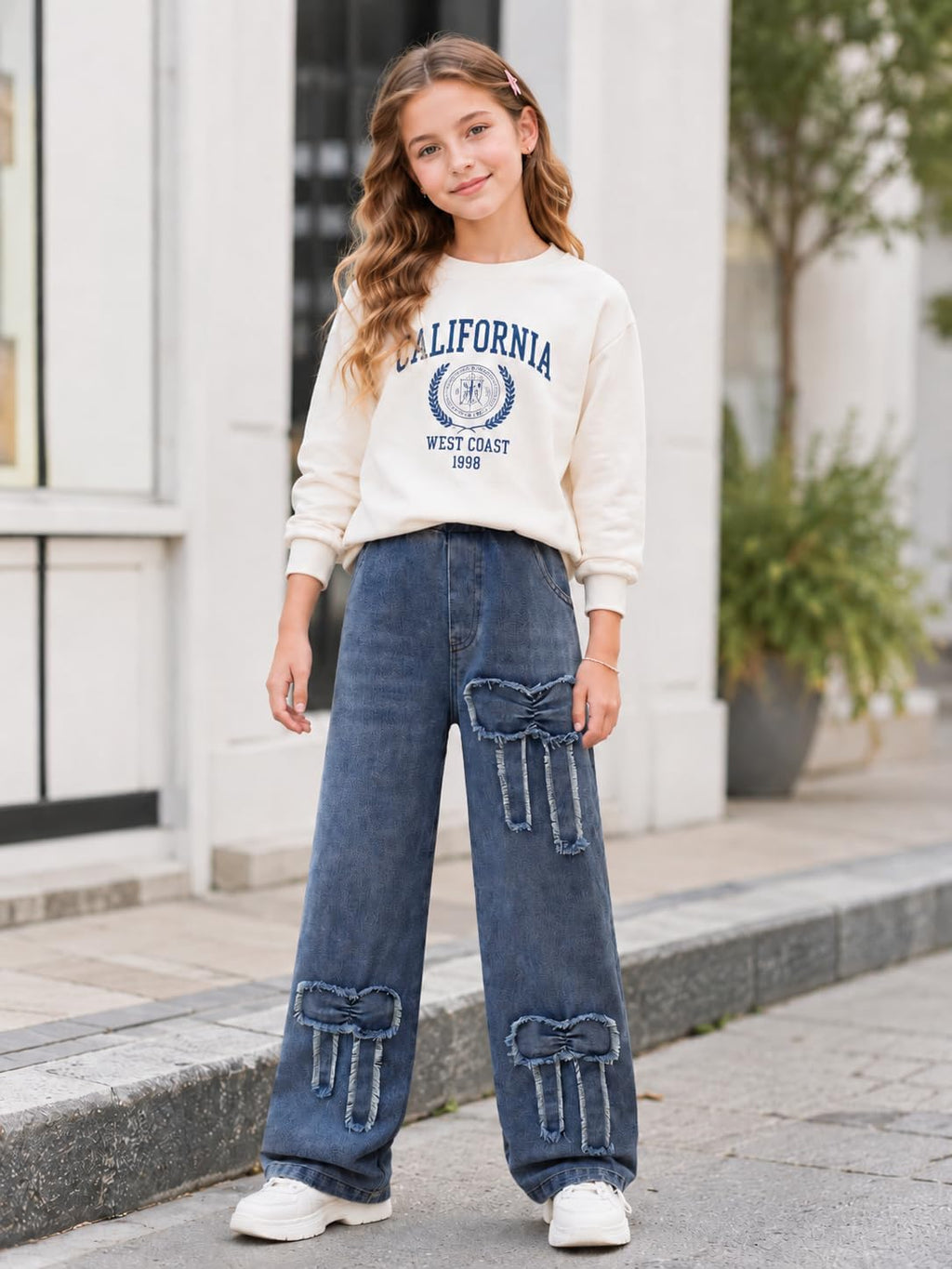 Tween Girls' Jeans Casual Elastic Waist Straight-Leg Denim Pants with Bowknot for Girls Y2K Boyfriend Skater Streetwear 7-14Y