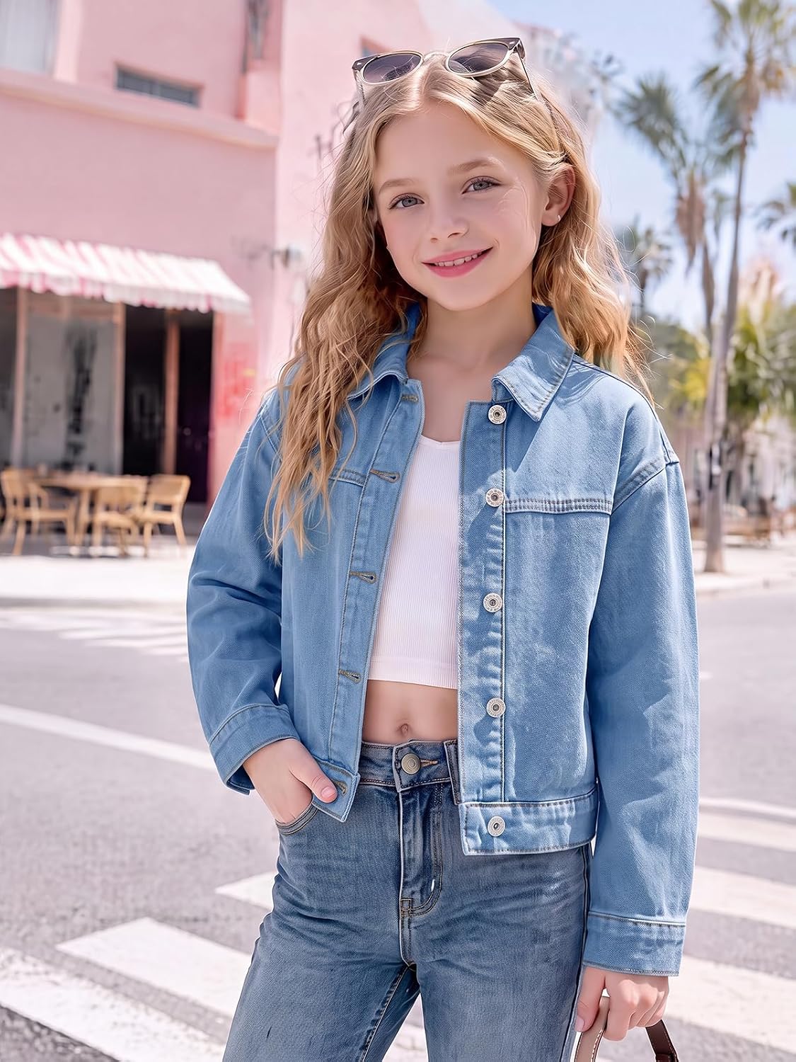 Haloumoning Girls Cropped Denim Jacket Front Button Collared Outerwear