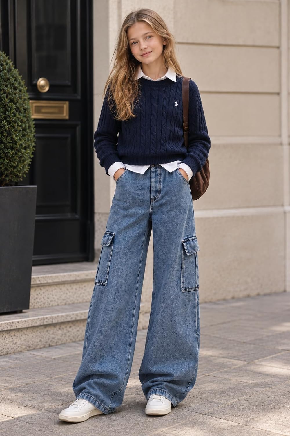 Azmxynol Girls Jeans Denim Cargo Pants Wide Leg Tween Girl High Waist Jean Pant, Size 9-16 Years