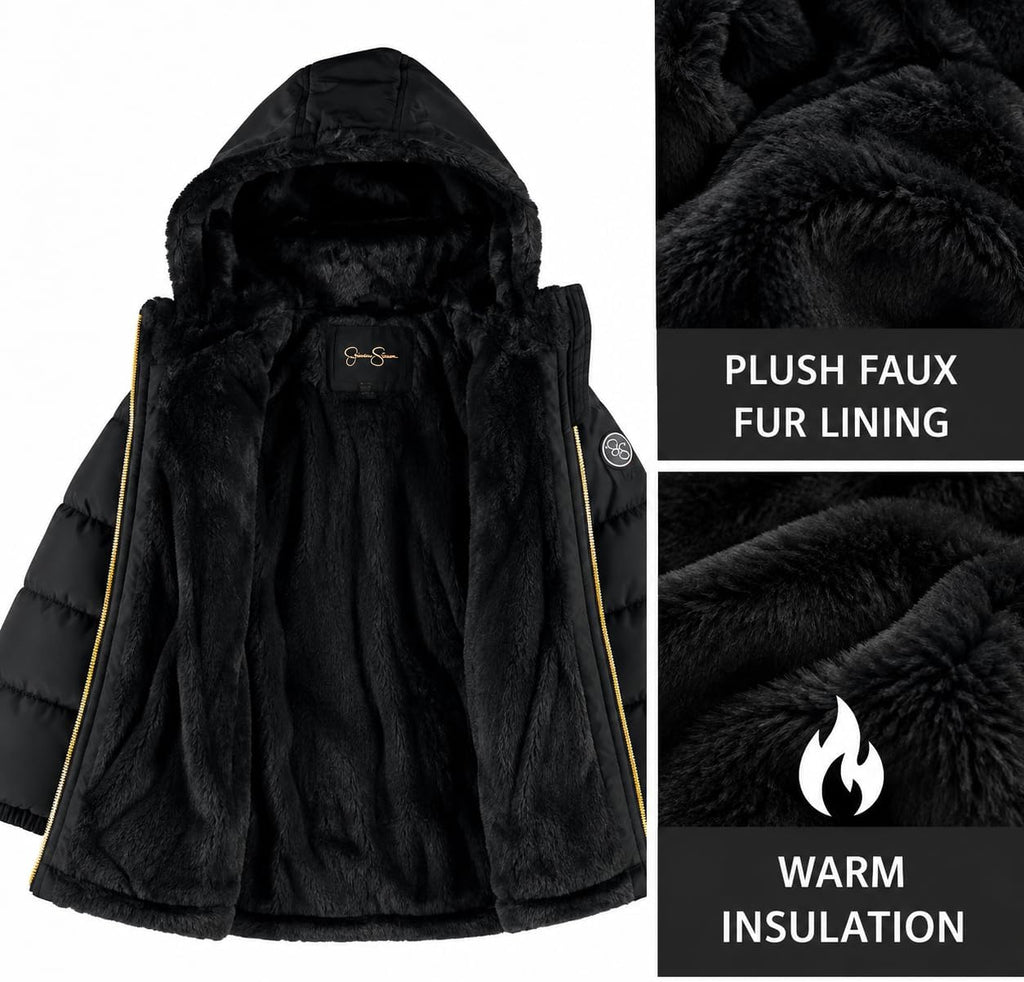 Jessica Simpson Girls Heavyweight Cinched Puffer Faux Fur Zip Hooded Coat