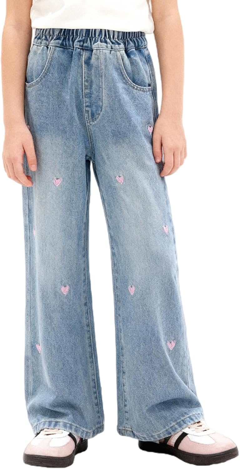 Girls Jeans Embroidery High Elastic Waist Denim Pants with Pockets Y2K Trendy Tween Streetwear 5-14 Years