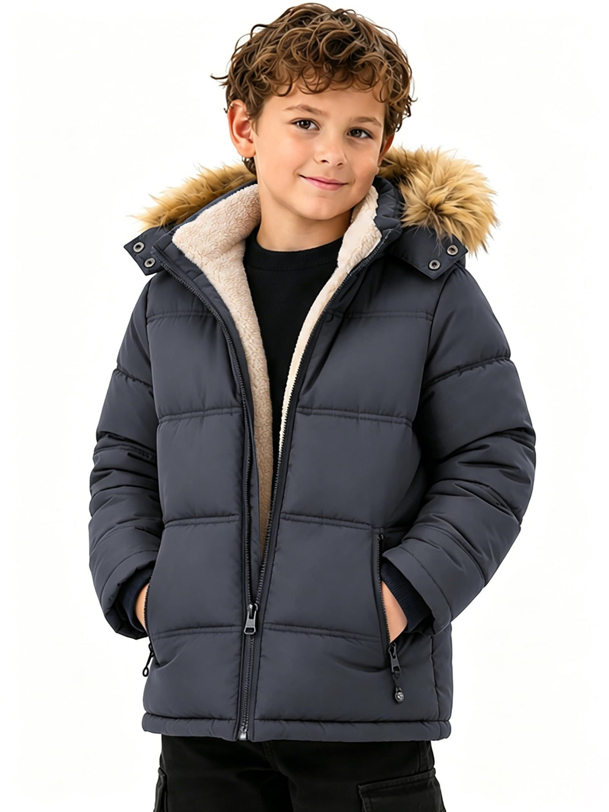 Boy's Girl's Winter Coat Puffer Sherpa Warm Jacket with Detachable Fur Hood