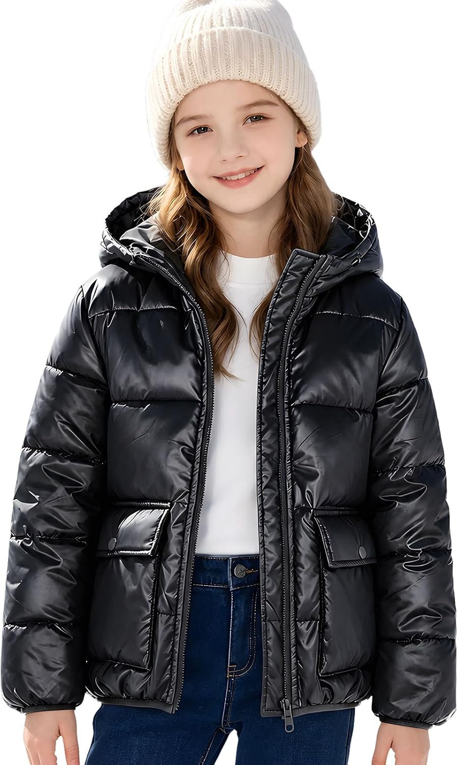 Funnycokid Girls Winter Coat Metallic Shiny Hooded Puffer Jacket 7-14Y