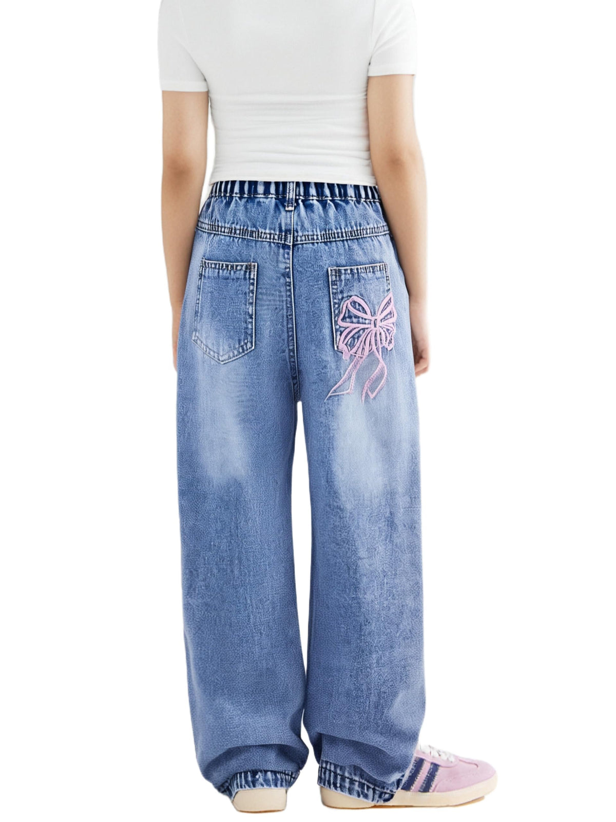 WDIRARA Girl's Bow Print Jeans Elastic High Waist Wide Leg Cute Denim Pants