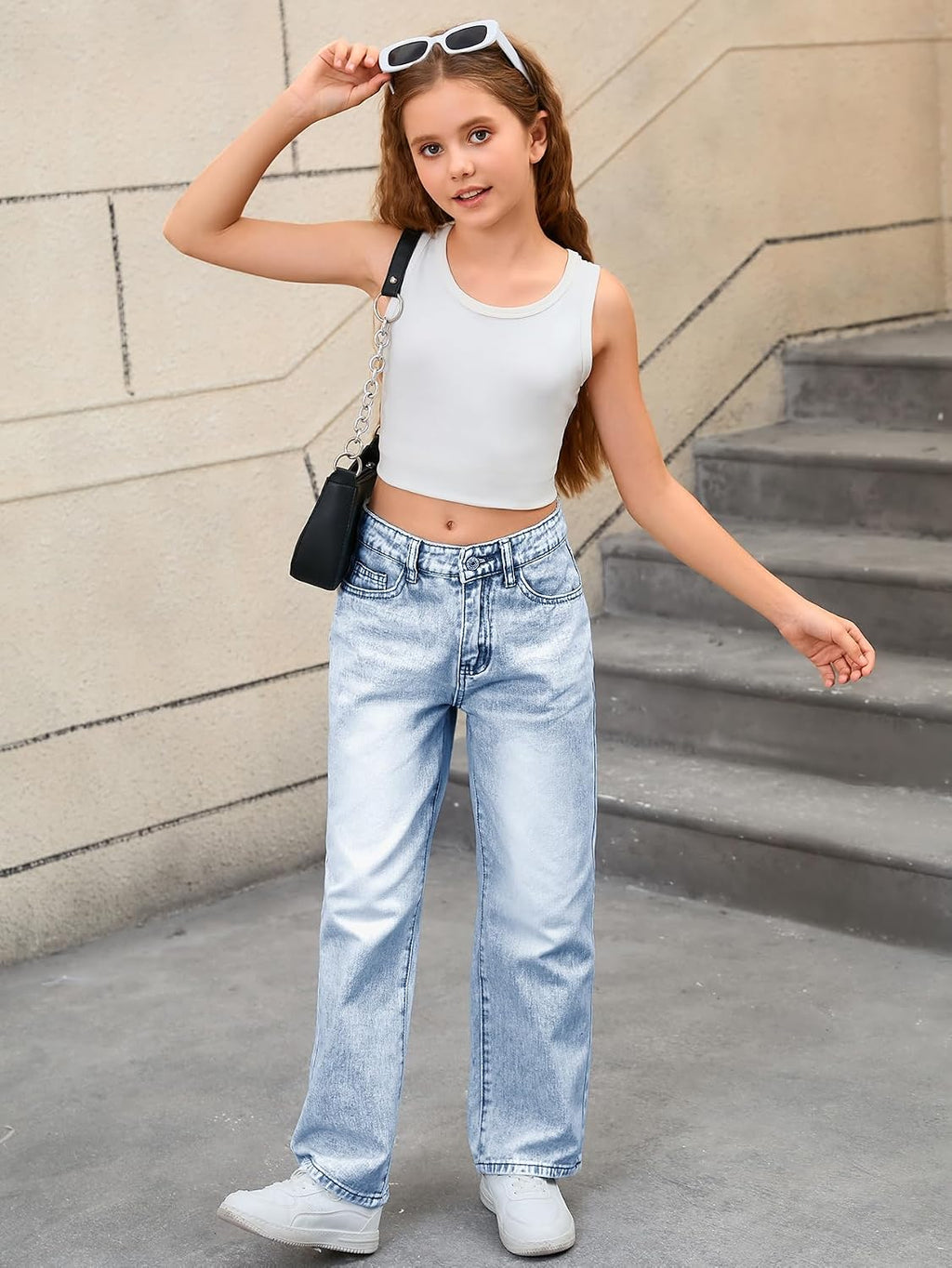 MakeMeChic Girl's Baggy Jeans Wide Straight Leg Denim Pants Kids 4-16Y