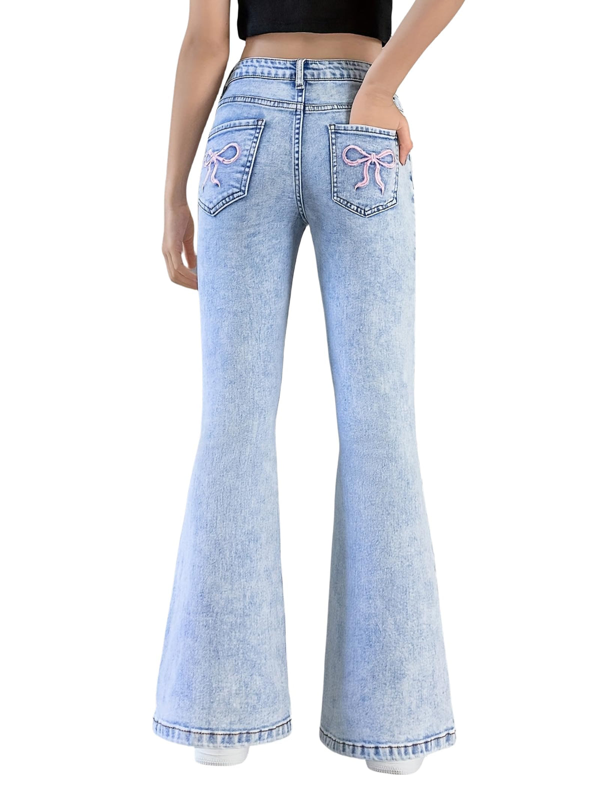 Girls Jeans Flare High Elastic Waist Denim Pants Bell Bottom Stretch Cute Y2K Streetwear with Pockets 7-14Y