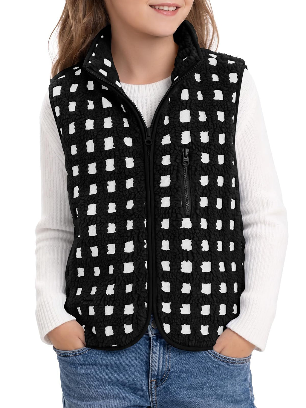 Haloumoning Girls Checkered Sherpa Vest Zip Up Sleeveless Jacket Outerwear