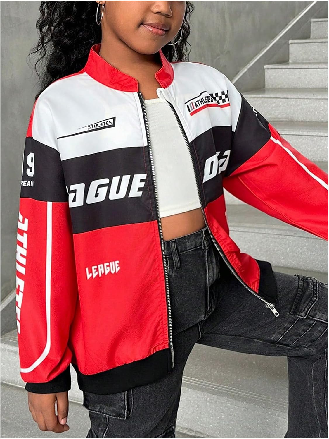 SOLY HUX Girl's Zip Up Bomber Jacket Y2k Racing Outerwear Streetwear