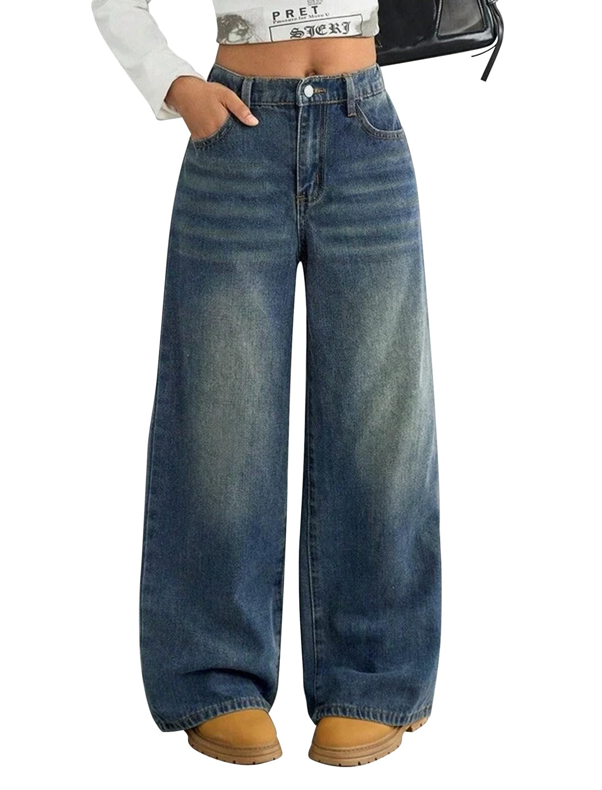 Girls Baggy Jeans Wide Straight Leg High Elastic Waisted Denim Pants Fashion Y2k Boyfriend Skater Streetwear