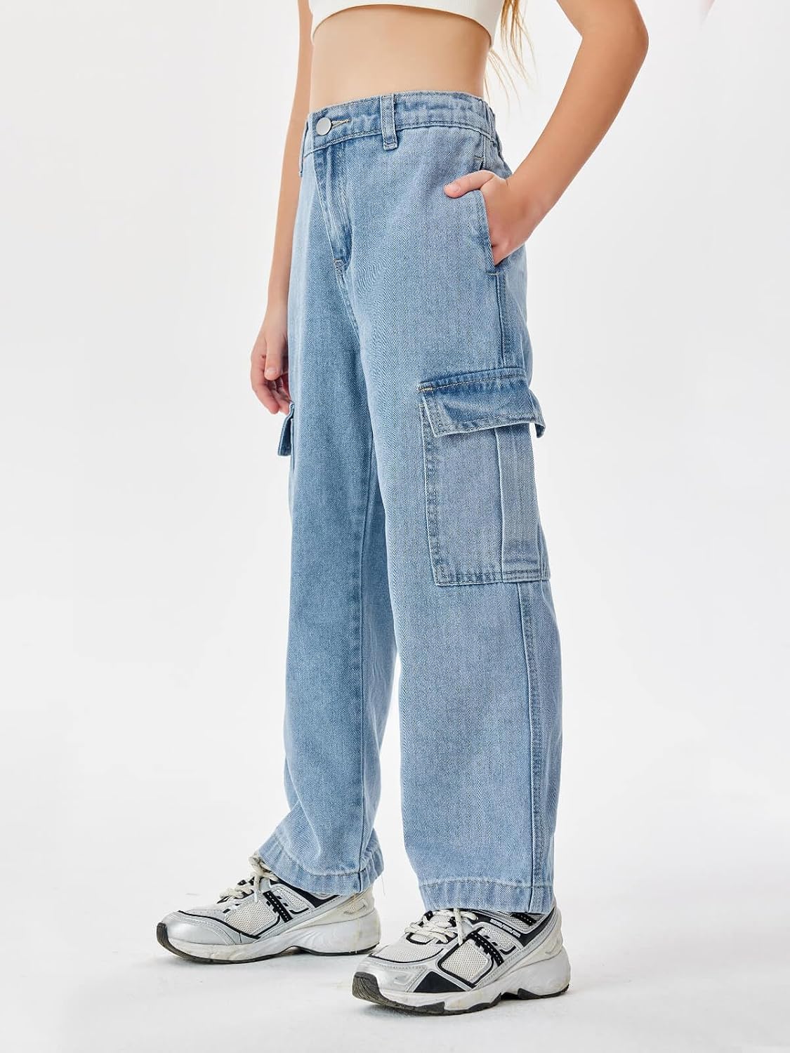 Haloumoning Girls Jeans Baggy High Waisted Wide Leg Cargo Pants 5-14 Years