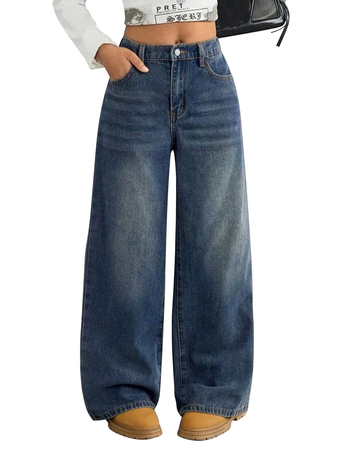 Girls Baggy Jeans Wide Straight Leg High Elastic Waisted Denim Pants Fashion Y2k Boyfriend Skater Streetwear