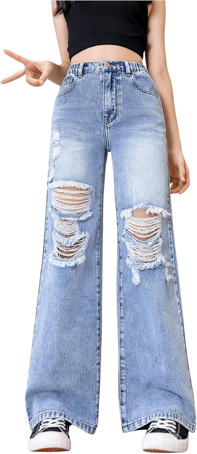 Floerns Girl's Elastic High Waisted Ripped Baggy Jeans Wide Leg Distressed Denim Pants