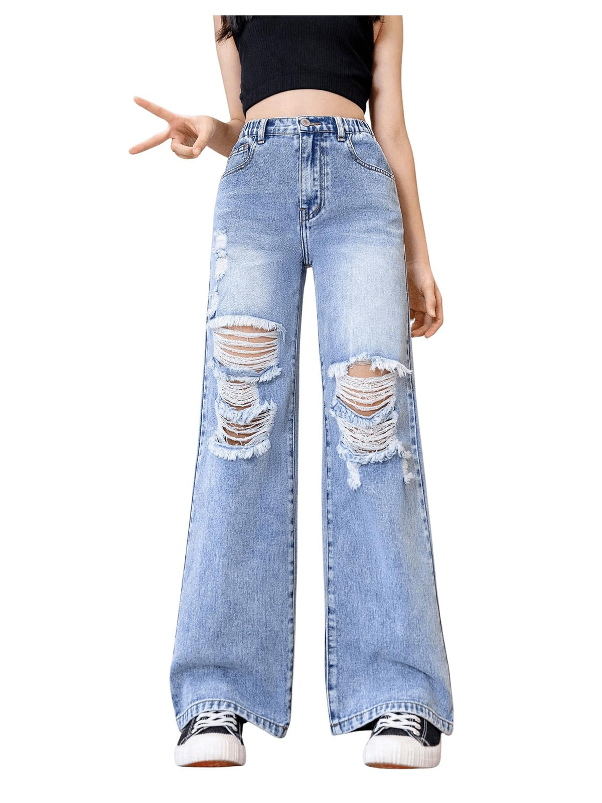Floerns Girl's Elastic High Waisted Ripped Baggy Jeans Wide Leg Distressed Denim Pants