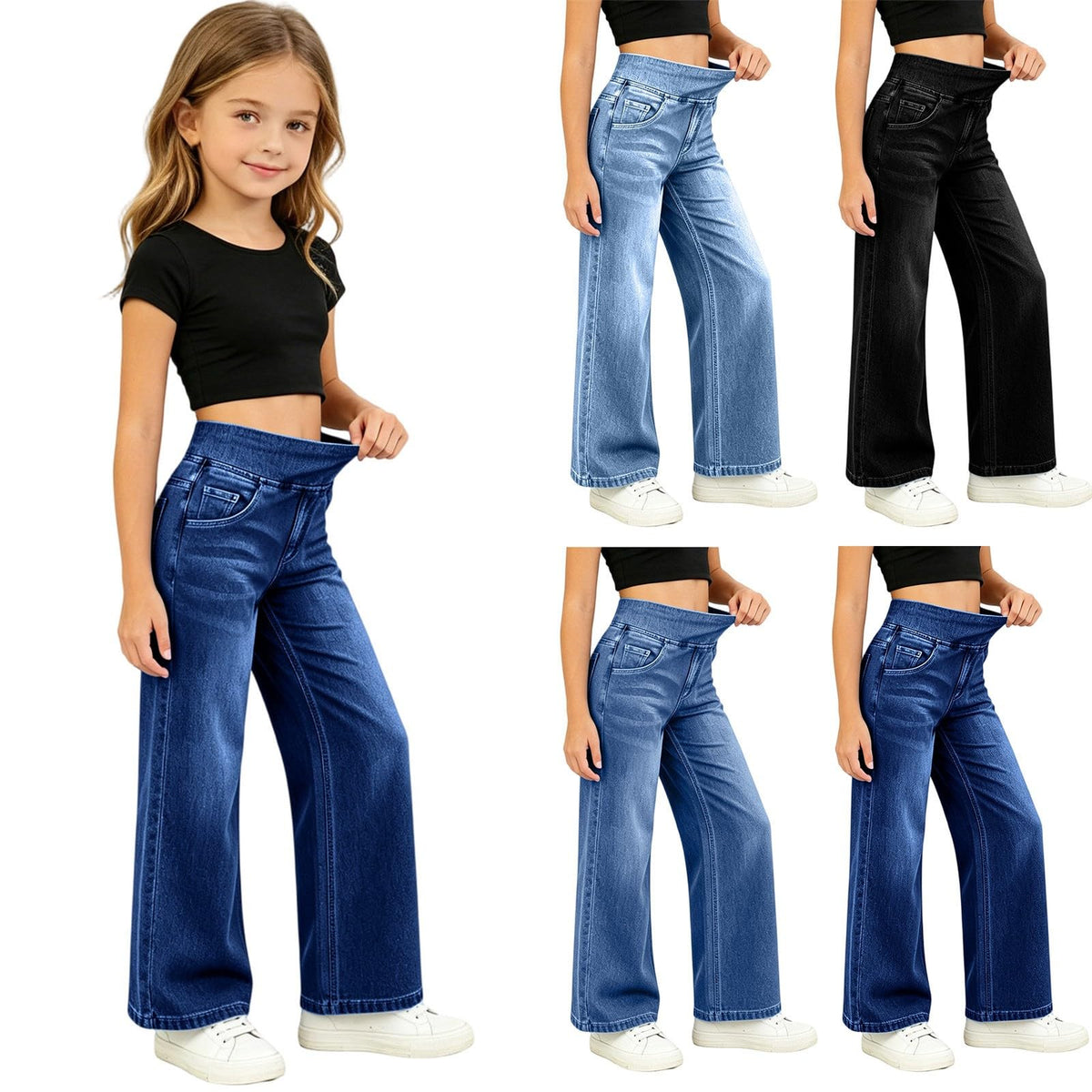 Wide Leg Jeans Teen Girls Elastic Waist Pull on Stretchy Straight Leg Denim Pants High Waisted Tummy Control Sweatpants Jean