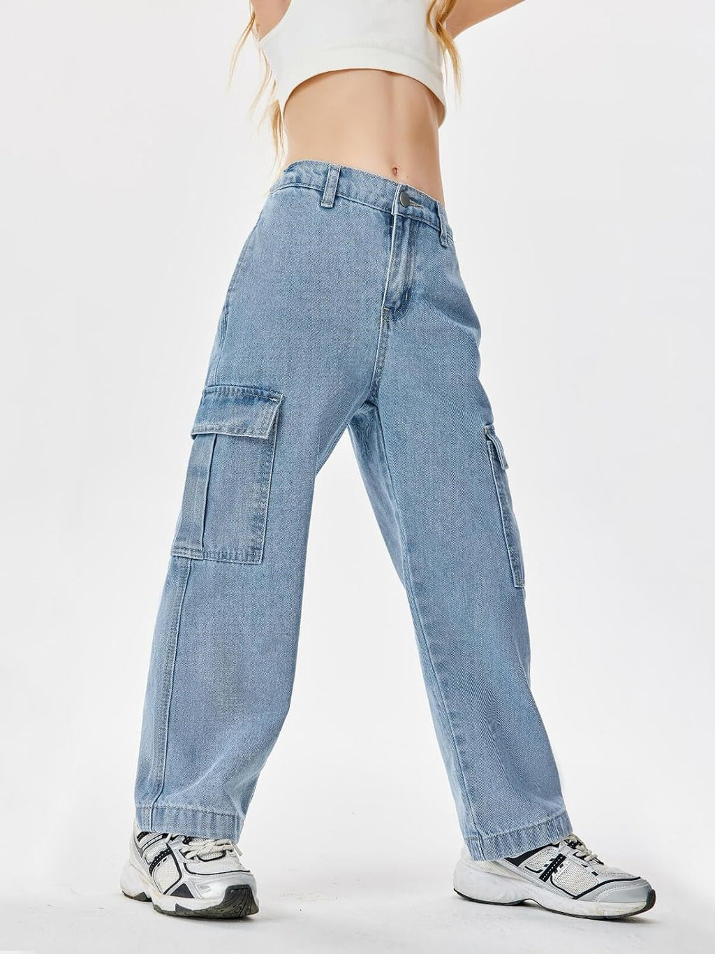 Haloumoning Girls Jeans Baggy High Waisted Wide Leg Cargo Pants 5-14 Years