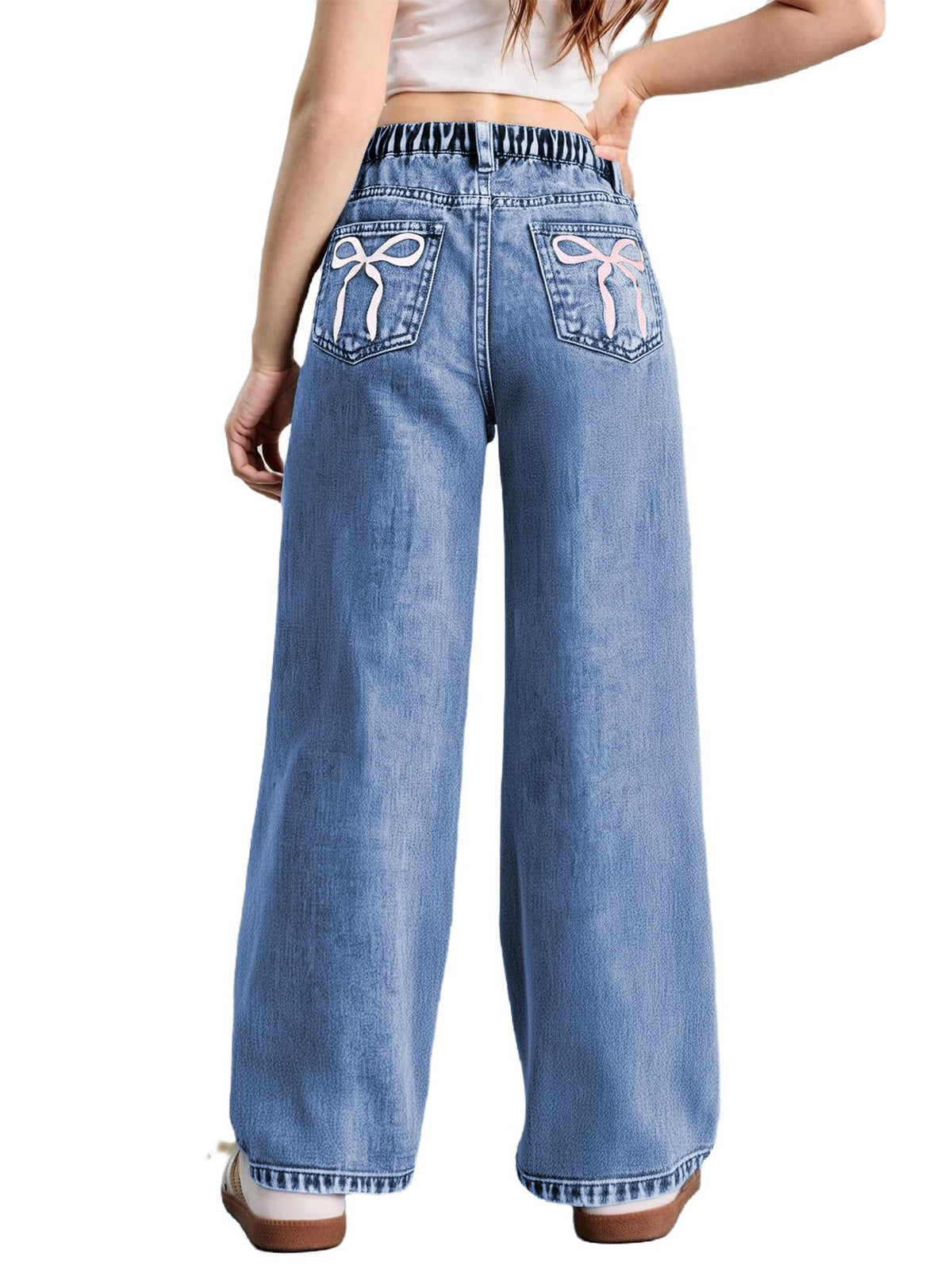 WDIRARA Girl's Bow Print Jeans Elastic High Waist Wide Leg Cute Denim Pants