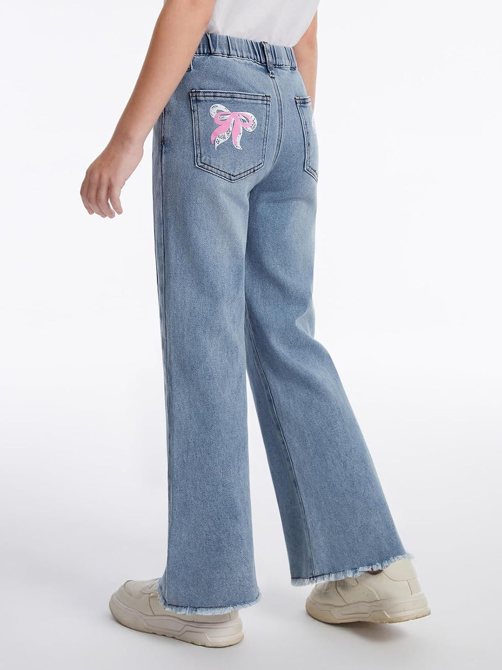 Haloumoning Girls Flare Jeans Kids Bow Print Back Elastic High Waist Wide Leg Denim Pants with Pockets 5-14 Years
