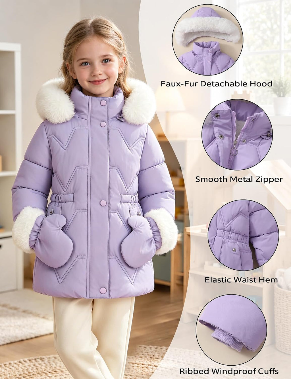 Girls Winter Coat, Faux Fur Hooded Puffer Parka, Waterproof Warm Outerwear
