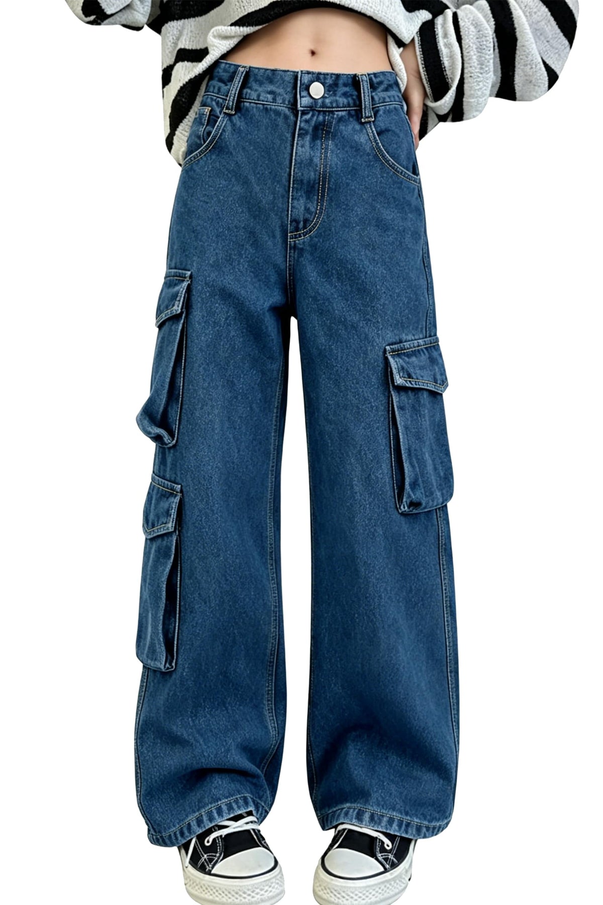 AOWKULAE Girls Baggy Jeans Wide Leg Cargo Denim Pants Kids 5-16Y