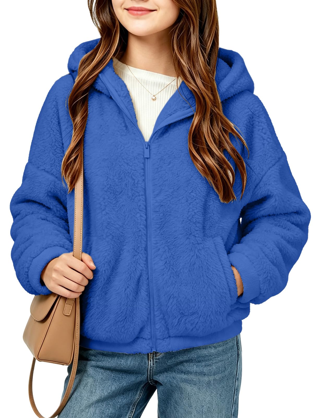 Putysenxi Girls Zip Up Fleece Jacket Stand Collar Sherpa Coat Kids Loose Fall Winter Soft Fuzzy Outerwear with Pockets